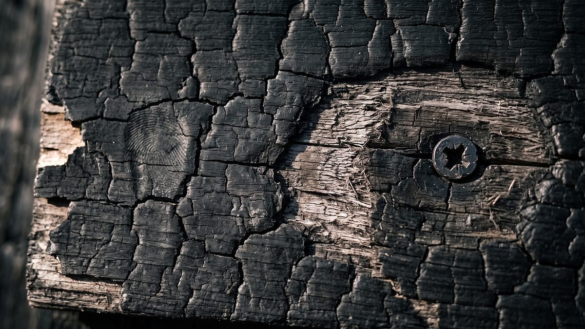 Close texture of brushed charred timber under raking light