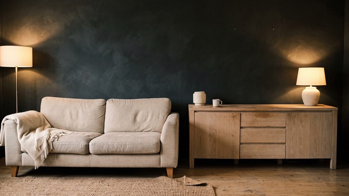 Pale oak and oatmeal linen against a newly charcoal wall