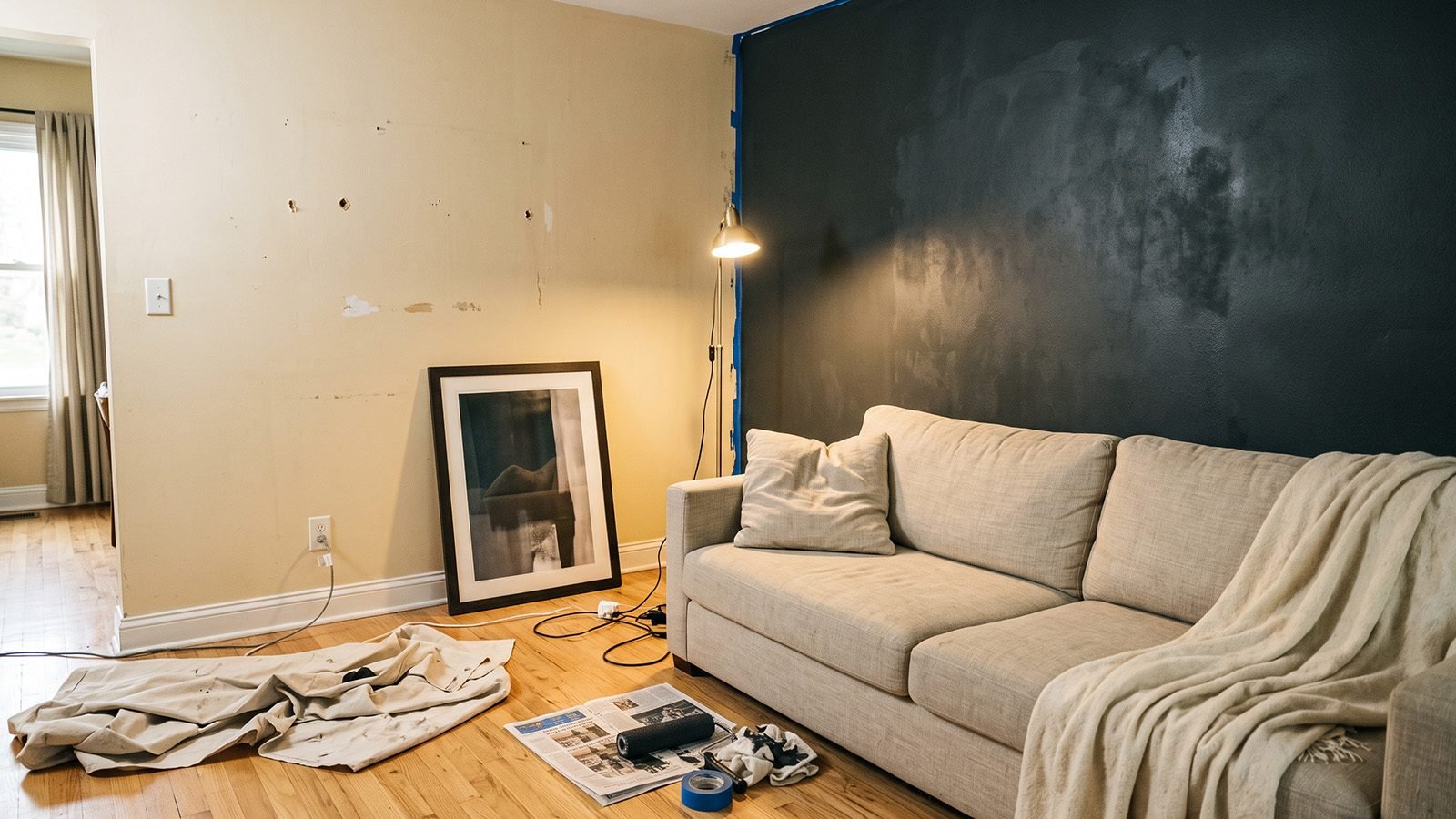 Light Japandi room mid conversion, one wall newly dark