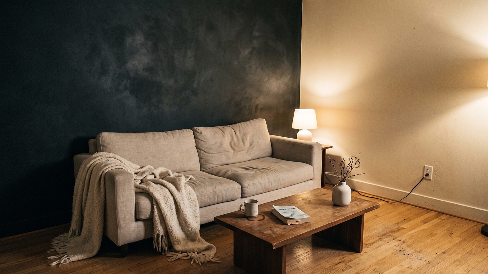 Charcoal wall with pale linen seating and low warm light