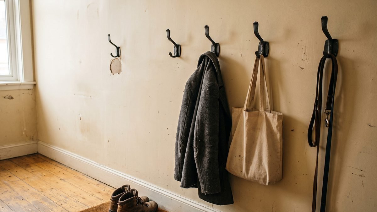 Row of wall hooks with two coats and empty space beside them