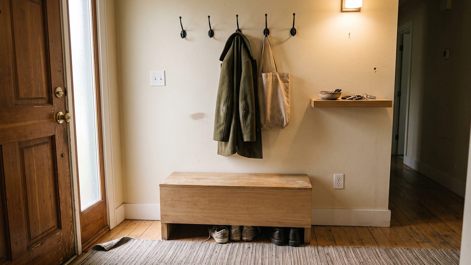 Narrow entryway with low bench, hooks and closed shoe storage