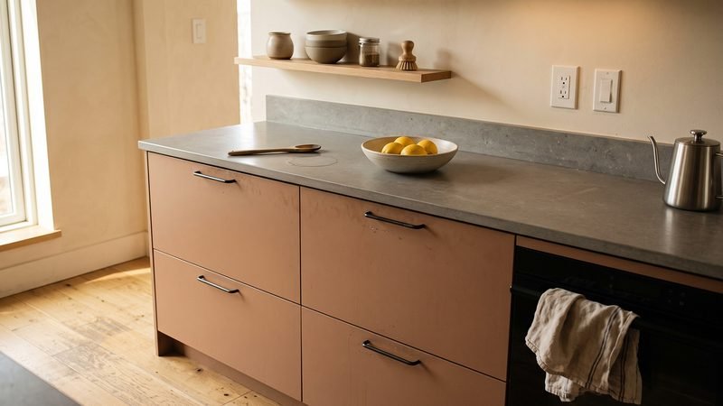 Warm muted kitchen with clear counters and one wood shelf