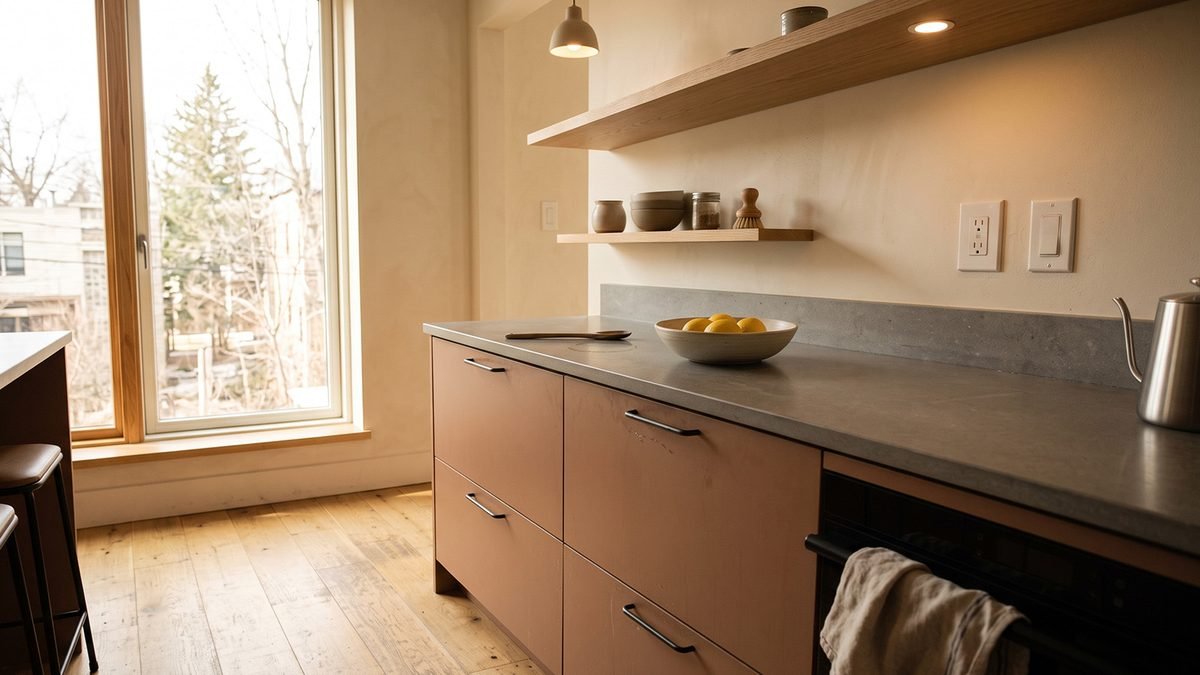 One short wood shelf with four objects, closed cabinets below