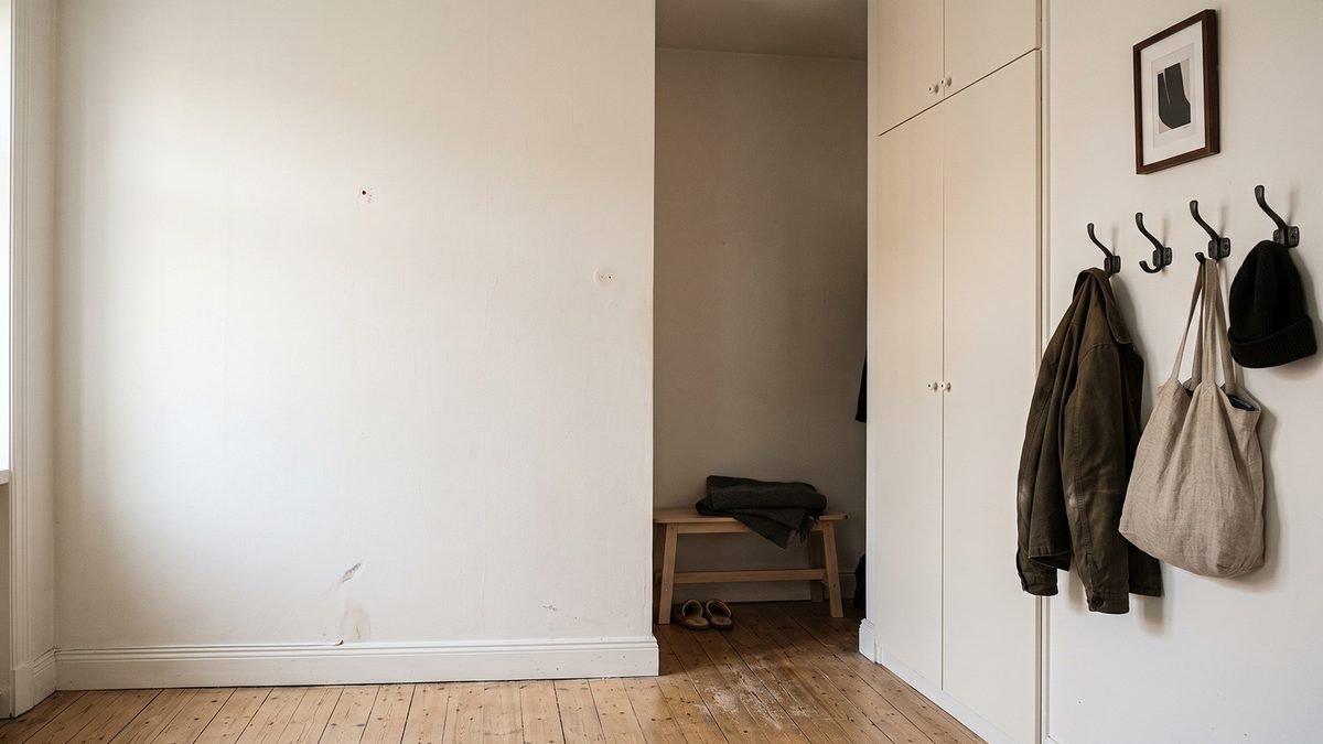 One completely bare wall in a small apartment beside a working storage wall