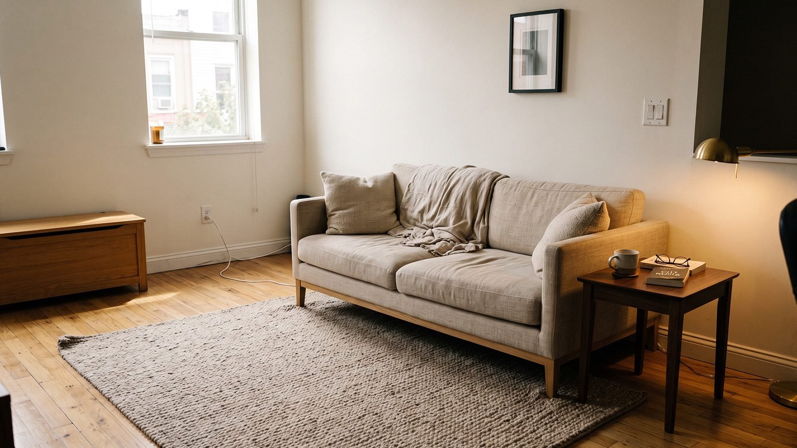 Small apartment living area with low furniture and clear floor