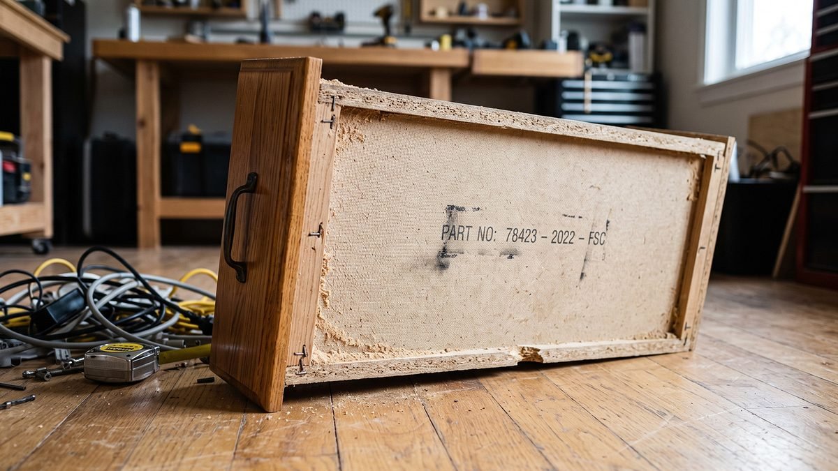 Underside of a drawer showing a certification stamp on raw board