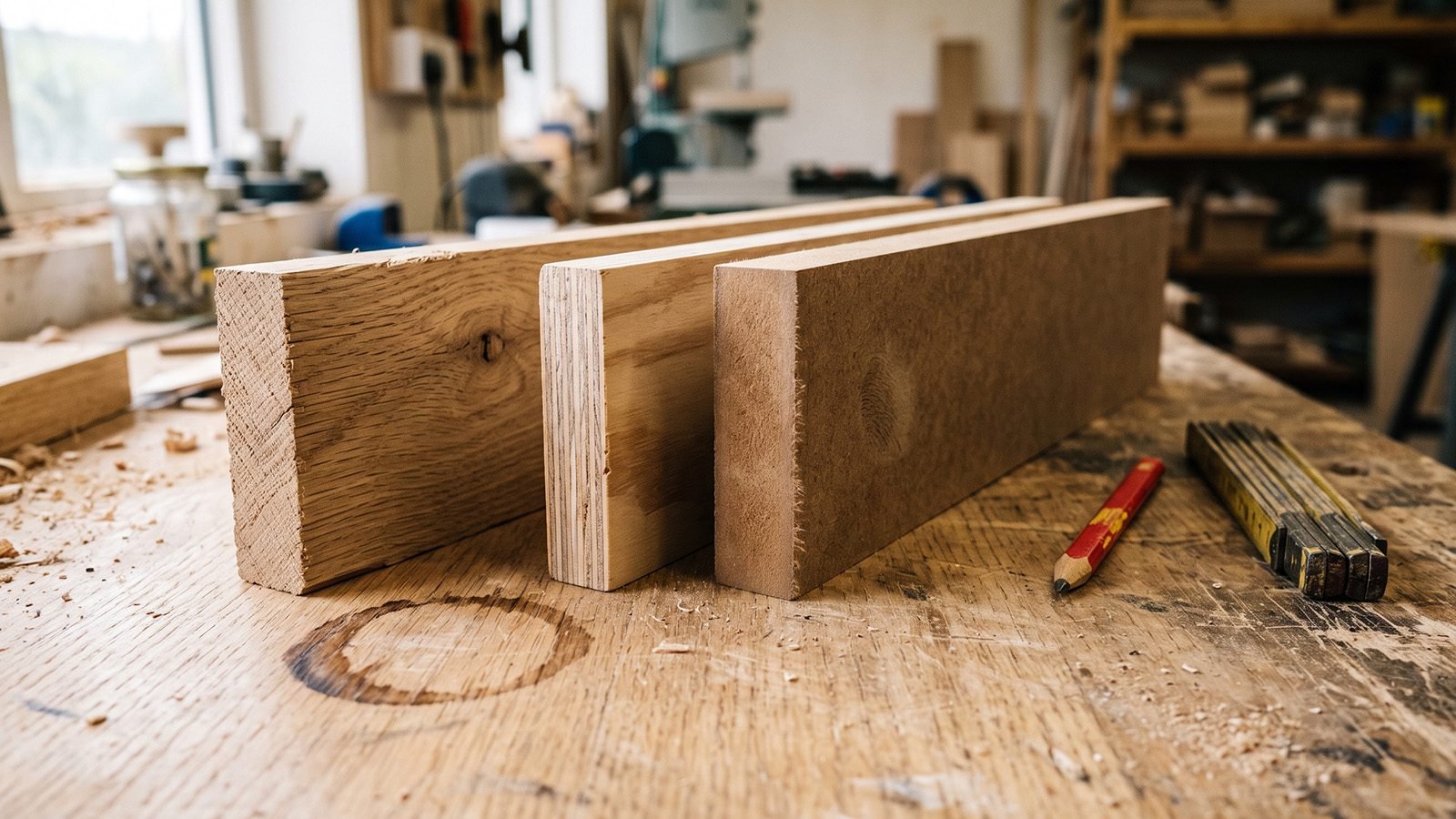 Solid oak and engineered board edge on edge in daylight