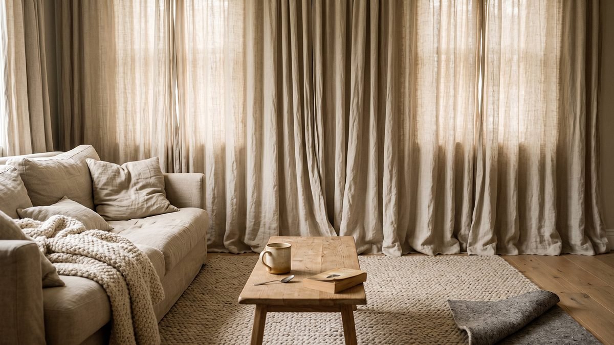 Heavy gathered linen curtains and a wool rug in a quiet room