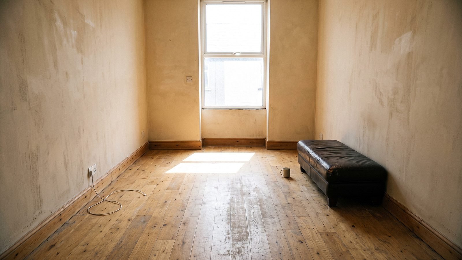 Sparse room with hard surfaces, raking light, few soft furnishings