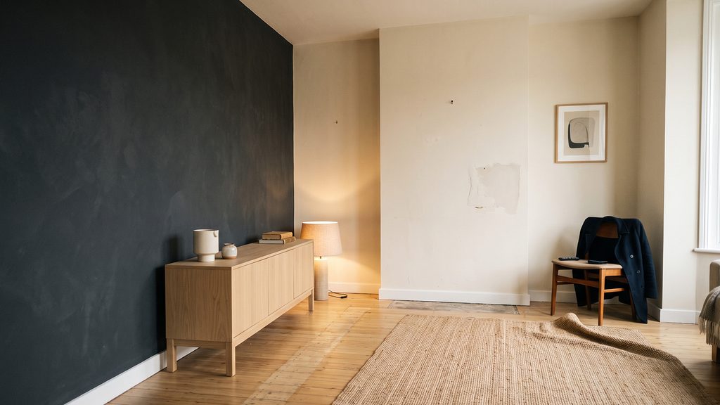 Single charcoal wall behind pale oak furniture, rest of room light