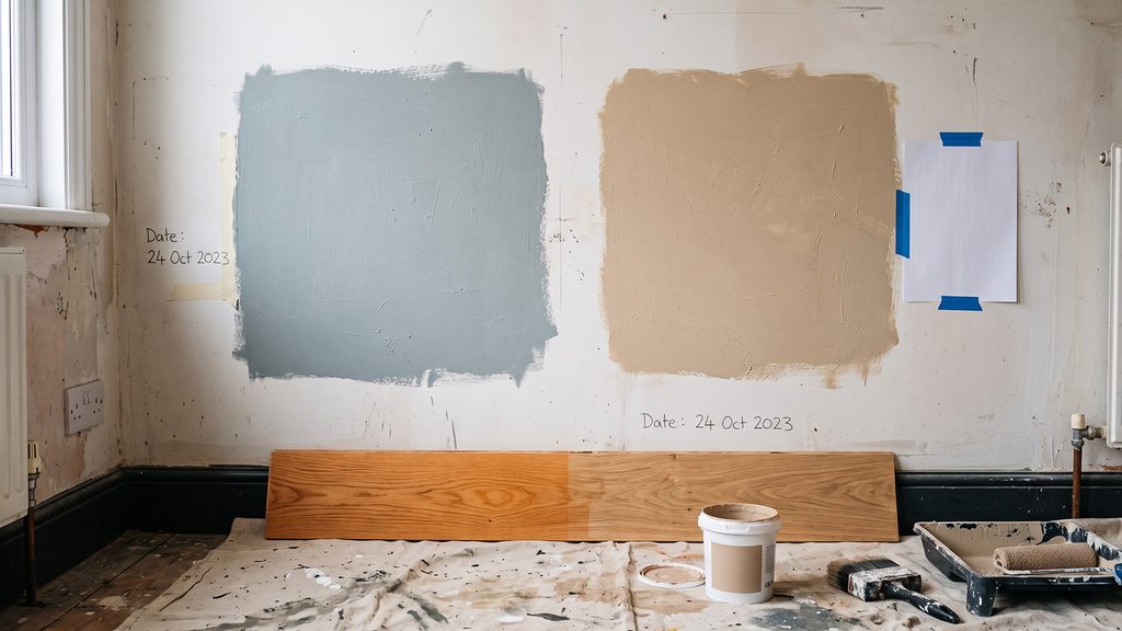 Cool grey and warm clay paint samples side by side against oak