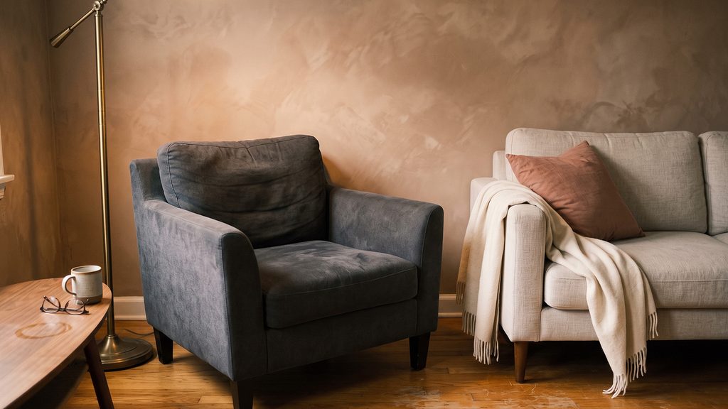 Warm clay wall with a soft charcoal anchor and pale linen